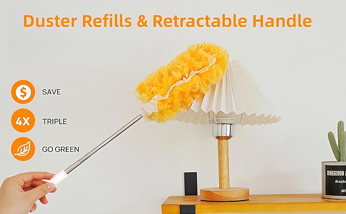 Heavy Duty Duster Refills, Disposable Dusters Kit for Cleaning Dusting Furniture Blind Ceiling Fan, Multi Surface 360 Feather Duster(10)+3FT Extended Handle（1） (Orange)
