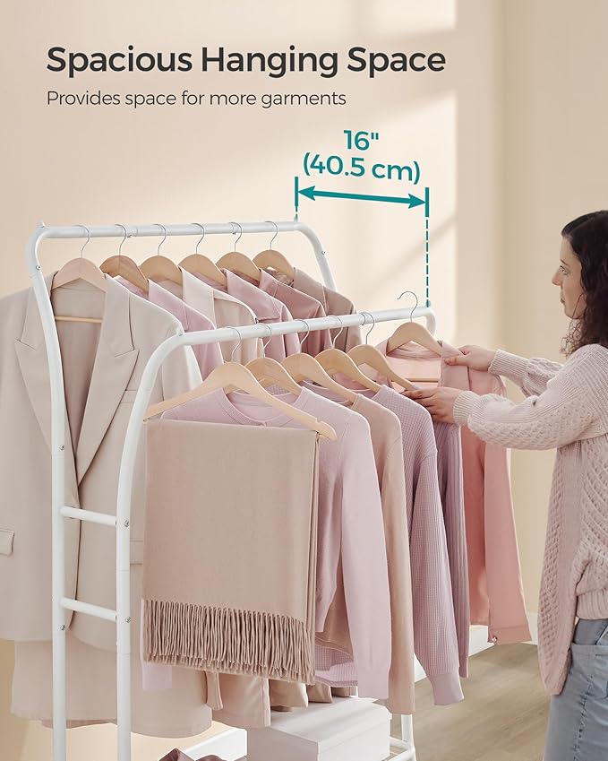 SONGMICS Clothes Rack,Clothing Rack with Shelves,Garment Racks Heavy Duty,Double Rod Clothes Rack with 6 Hooks, Clothes Storage and Display,for Living Room,Bedroom, Cloud White UHSR109W01
