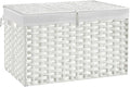 180L Wicker Storage Basket with Lid, Handwoven Rattan Large Shelf Basket with Removable Liner, 47.6 Gallon Wicker Basket for Blanket, Storage Trunk with Handle for Closet, Bedroom, Livingroom, White