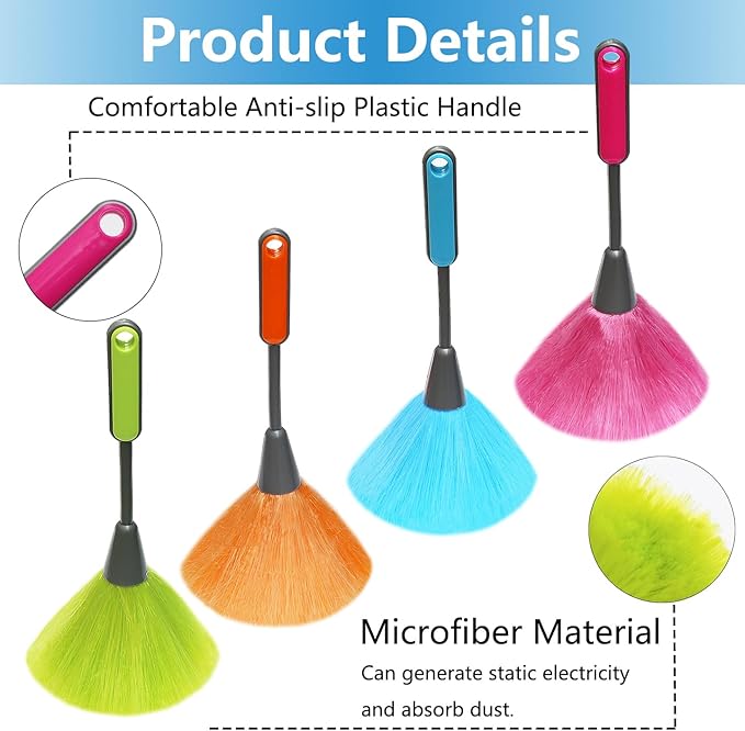 4 Pack 10" Small Microfiber Duster, Delicate Fluffy Microfiber Feather Duster, Suitable for Light Daily Household Dusting, Perfect for Cleaning Desk, Computer Screen, TV Screen, Books, Photo Frames