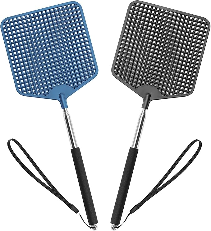 Telescopic Fly Swatters 2 Pack, Upgrade Plastic Flyswatter, Fly Swatter Heavy Duty for Indoor, Outdoor, Classroom, Stainless Steel Handle（Black, Blue）