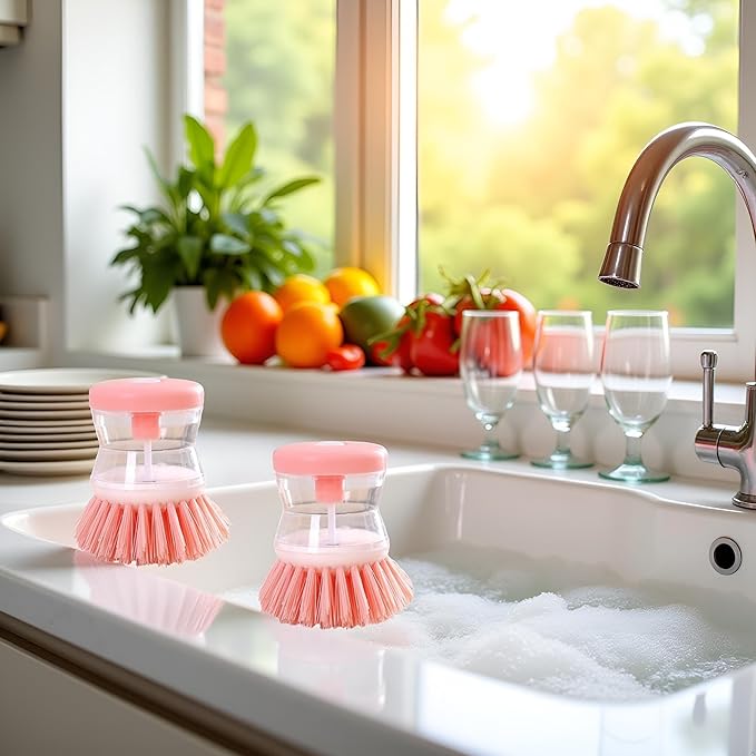 2Pcs Pink Dish Brush with Soap Dispenser,Soap Dispensing Brush, Kitchen Brush,Dish Pot Pan Sink Cleaning, Dish Brush Washing Utensils,Washing Up Liquid Soap Dispenser,Soap Dispensing Dish Brush