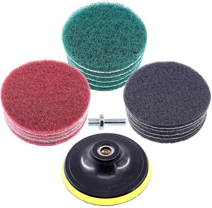 Glarks 16Pcs 5 Inch Drill Power Brush Tile Scrubber Scouring Pads Cleaning Kit with 5 Inch Disc Pad Holder for Bathroom & Kitchen Cleaning, 3 Different Stiffness (Red, Gray, Green)