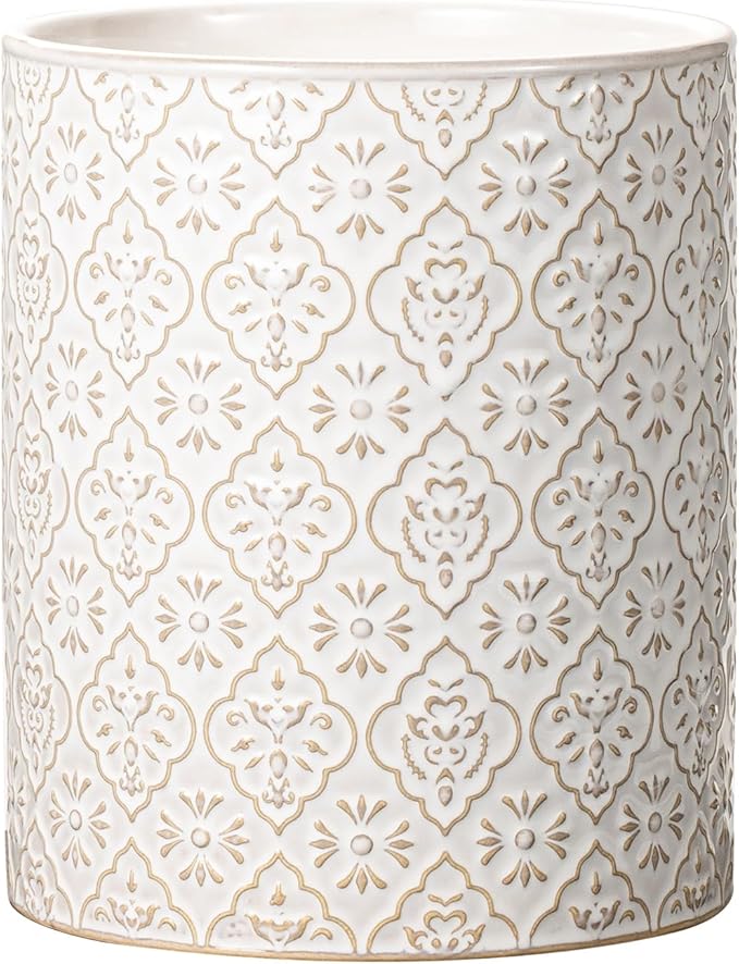 Kitchen Utensil Holder, 6x7 inch Large Ceramic Utensil Holder with Embossed Pattern, Cooking Utensil Crocks for Kitchen Countertop, Home Decor, Off-White