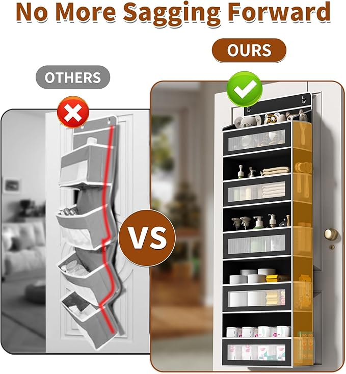 Over The Door Organizer with 5 Large Pockets, Over the Door Storage 10 Side Pockets 44 lb Load Behind Door Storage, Door Organizer Hanging Shelf for Closet Wall Bedroom Bathroom Nursery, 5-Tier Black
