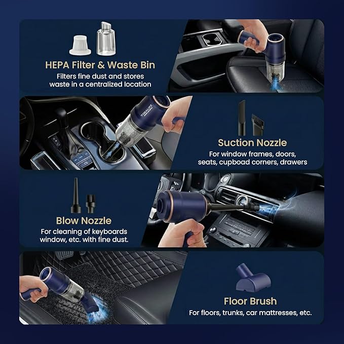 VIMALIFE 10000Pa Cordless Car Vacuum Cleaner & Air Duster, Powerful Handheld Auto Vacuum, 42000RPM Motor, LED Light, Type-C Fast Charge, Washable Filter, 5 Multi-Nozzles for Home, Car, Pet Hair, Blue