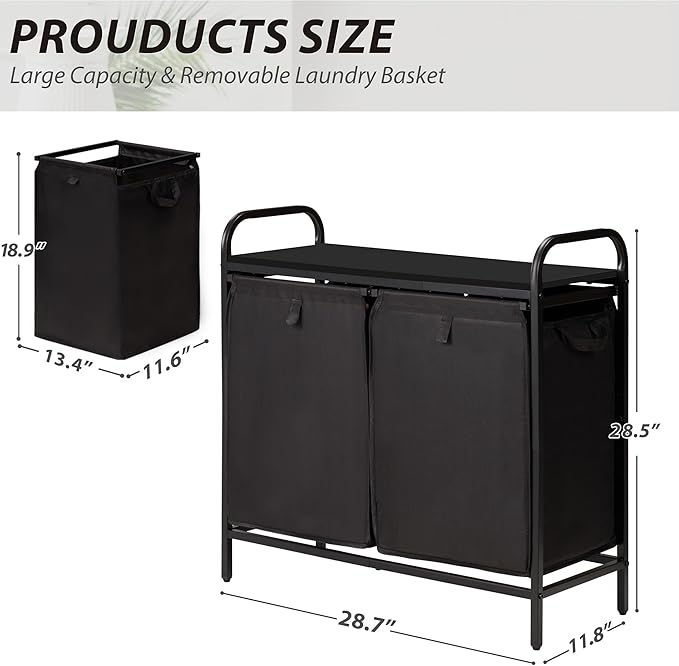 2 Section Laundry Hamper with Shelf, Laundry Basket Organizer with 2 Pull-Out Removable Bags 2×13.2Gal(49.9L), Laundry Sorter for Clothes Organization in Bedroom, Laundry Room, Black