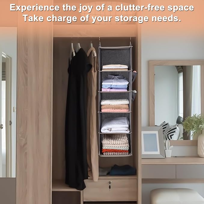 BOOMIBOO Hanging Closet Organize and Shelves，5-Hanging Shelf with 2 Side Pockets，Storage Foldable （Browm）