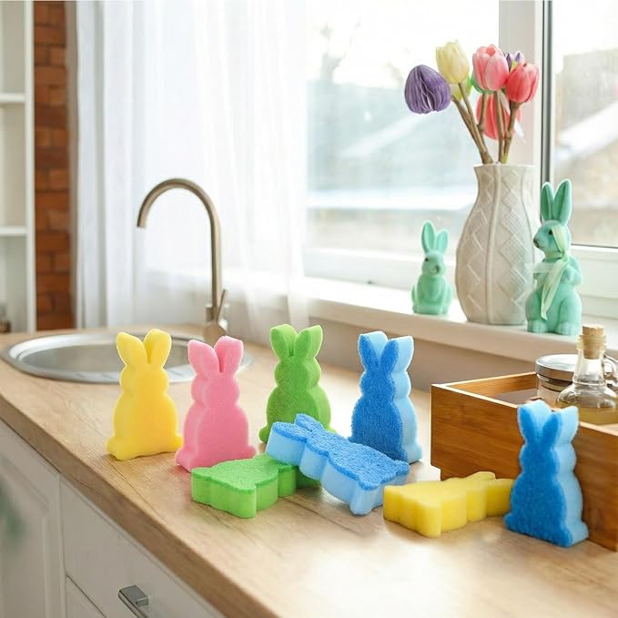 Tioncy 12 Pack Kitchen Sponges Bulk Dual Sided Scrubber Sponges Dishwashing Kitchen Cleaning Accessories for Household Supplies(Cute Easter Bunny,Pink, Green,Blue, Yellow)