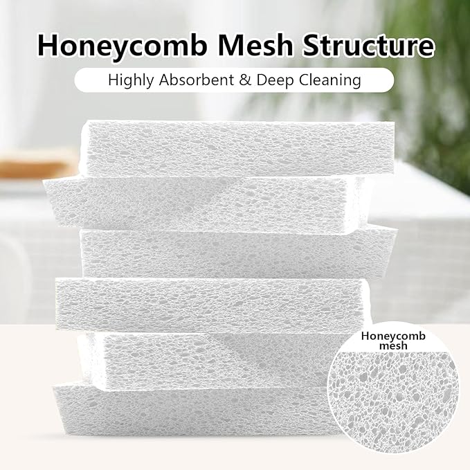 Cellulose Sponges, Large Size 4" x 6" x 1" - Heavy Duty Scrub Kitchen Sponge, Clean Tough Messes Without Scratching Kitchen Cleaning Pads, Pop Up Eco DIY (6 Pack), White