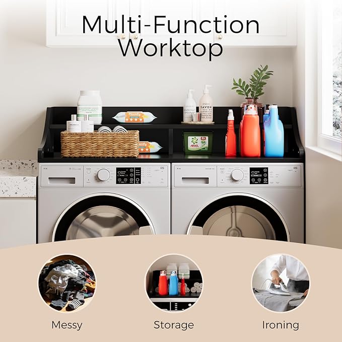 OAKHAM HOME 2-Tier Washer Dryer Countertop, 54" x 27.6" Washer Dryer Topper with Storage Shelf and Non-Slip Pads for Laundry Room Organization, Black