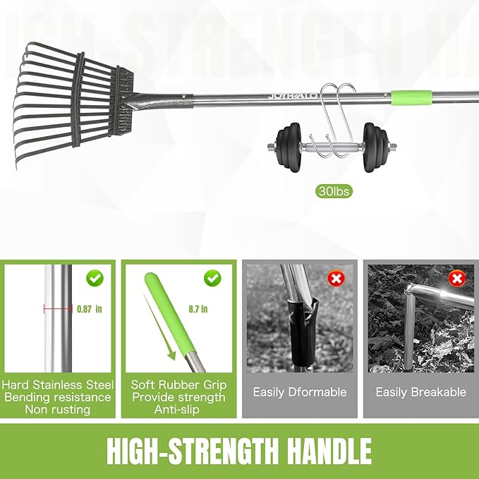 Joyhalo Small Rakes for Leaves, 8.5 Inch Wide Head Leaf Rake with 11 Tines, Metal Garden Rakes with Adjustable Handle from 38.5 to 65 Inch for Gardening, Clippings, Gathering Leaves, Weeds, Debris