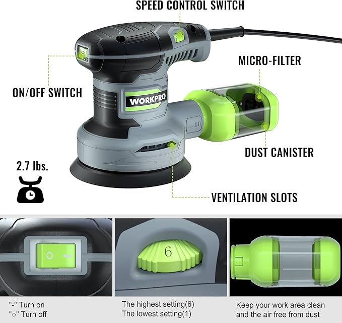 WORKPRO 5-Inch Random Orbit Sander, 6 Variable Speeds 7000 to 14000 RPM, 2.5 Amp Electric Sander for Woodworking with Dust Collector, 15pcs Sandpapers