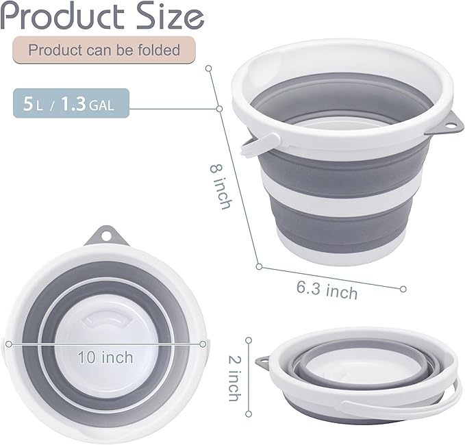 Small Collapsible Bucket 1.3 Gal/5L, BPA-Free - Space-Efficient, Portable Foldable Water Pail for Household, Outdoor Use, Car Wash, Camping, Fishing - Grey, Single Pack