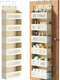 Over The Door Organizer with 6 Large Pockets, Over the Door Storage 12 Side Pockets, Hanging Door Organzier 44 lb Load Behind Door Storage Hanging Shelf for Closet Wall Bathroom Nursery, 6-Tier Beige