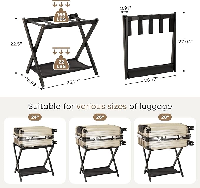 Fully Assembled Luggage Racks Set of 2, Bamboo Luggage Rack for Guest Room, Foldable Suitcase Stand with Fabric Storage Shelf for Bedroom, Hotel, Holds up to 165 lb, 26.77 x 16.93 x 22.5 Inches, Black