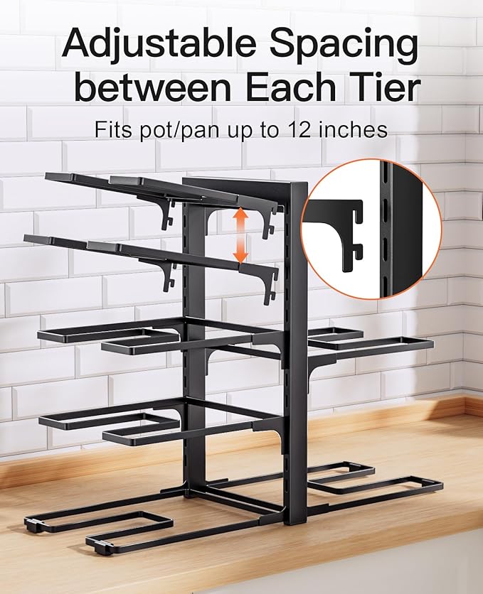 ORDORA Pots and Pans Organizer Rack for Cabinet, 15.83" Height 8-Tier Heavy Duty 120LBS Pot Pan Organizer under Cabinet Adjustable for Dutch Oven, Cast-iron Pan, Heavy Skillets Griddles, Shallow Pot