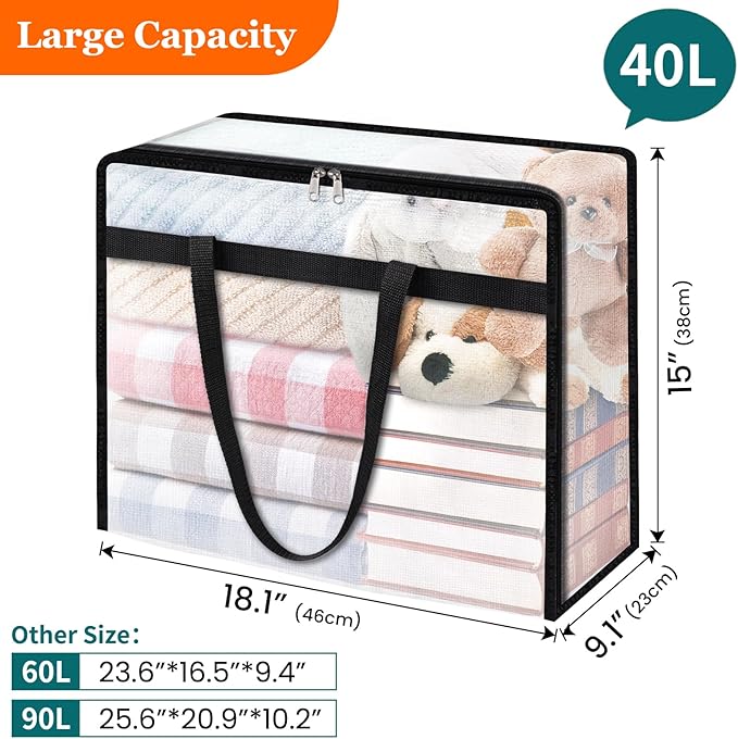 TasticTotes 8 Pack Clear Storage Bags for Comforter, Clothes & Bedding, Plastic Blanket Storage with Zipper and Handle, Moving Bags, Closet Organizer and Under-Bed Storage (40L)