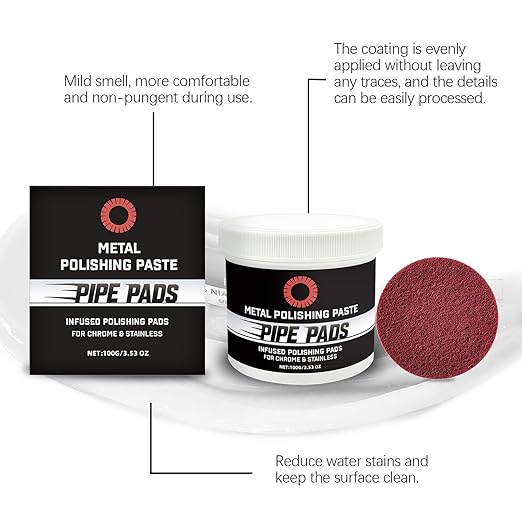 Metal Polishing Paste - Rust Buffing Cream with Pipe-Infused Pads | Restores Shine & Removes Oxidation, Tarnish, and Discoloration from Chrome, Aluminum, Brass, Exhausts, Wheels & Stainless Steel