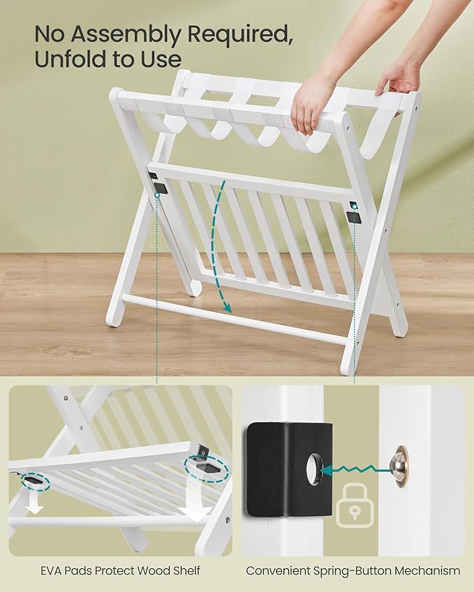 SONGMICS Solid Wood Luggage Rack, No Assembly Required, Foldable Suitcase Stand, Luggage Holder, with Storage Shelf, for Guest Room, Hotel, Bedroom, Cloud White URLR020W02