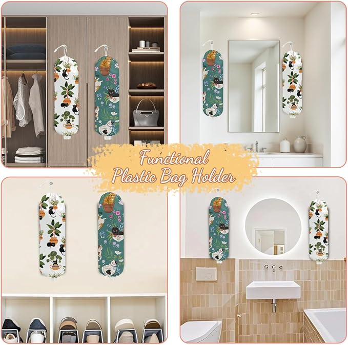 2 Pcs Cute Cat Plastic Bag Holder, Floral Plastic Storage bag Holders for Grocery Bags, Washable Large Grocery Bags Storage Dispenser for Home Kitchen Pantry Decor, Cat Lover Gifts for Women