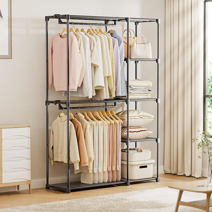 Neatrays Portable Closet, Freestanding Wardrobe Closet Organizers and Storage,Open Clothing Racks for Hanging Clothes with 4 Shelves and 2 Hanging Rods，47.8x15.8x63.4 Inches