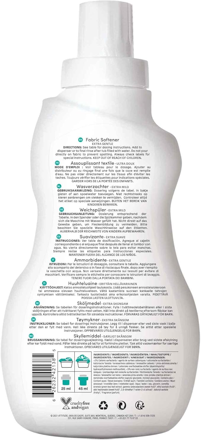 ATTITUDE Baby Laundry Fabric Softener, Plant and Mineral-Based Ingredients, Vegan and Cruelty Free Household Products, Pear Nectar, 40 Loads, 33.8 Fl Oz (Pack of 2)