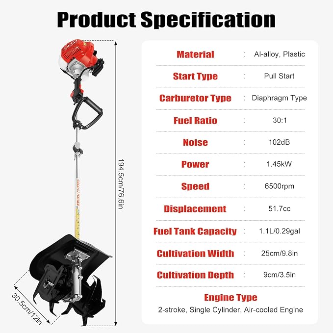 Gas-Powered Handheld Tiller Cultivator, 51.7CC 2-Stroke Engine, 1.45kW, 6500RPM, Lightweight, Mini Tiller Cultivator for Efficient Soil Loosening, Weeding & Farming in Gardens, Hills & Hard Soil