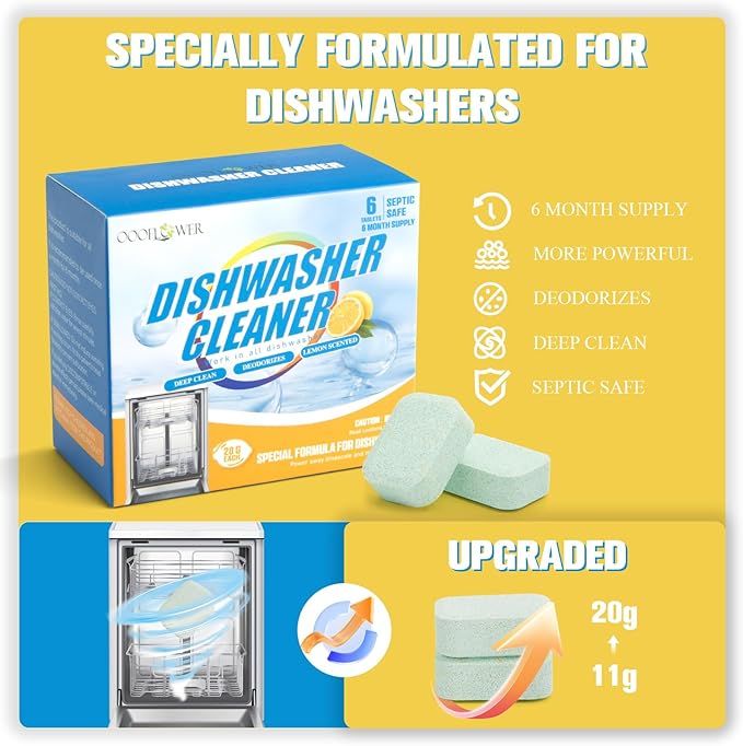 6-Pack Dishwasher Detergent and Deodorizer Tablets, Deep Clean Formula, Dishwasher Safe, Removes Scale, Odors, and Hard Water Residue (Lemon Scent)