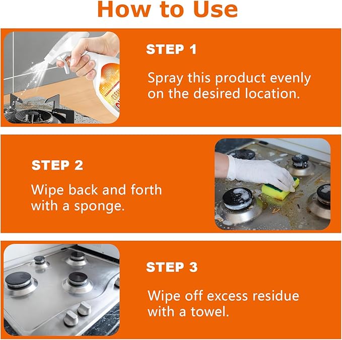 2PCS Heavy-Duty Oil Cleaner Stains,Clean Up Kitchen Oil Stains Spray,Multi-purpose Clean Up Kitchens Heavy Oil Duty,with 5 Sponge Scourers