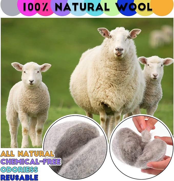 WILLBOND 10 Pack Wool Dryer Balls XL 3 Inch Reusable Laundry Natural No Lint Fabric Softener Replaces Dryer Sheets Wool Balls for Reduce Wrinkles Save Drying Time(Rainbow)