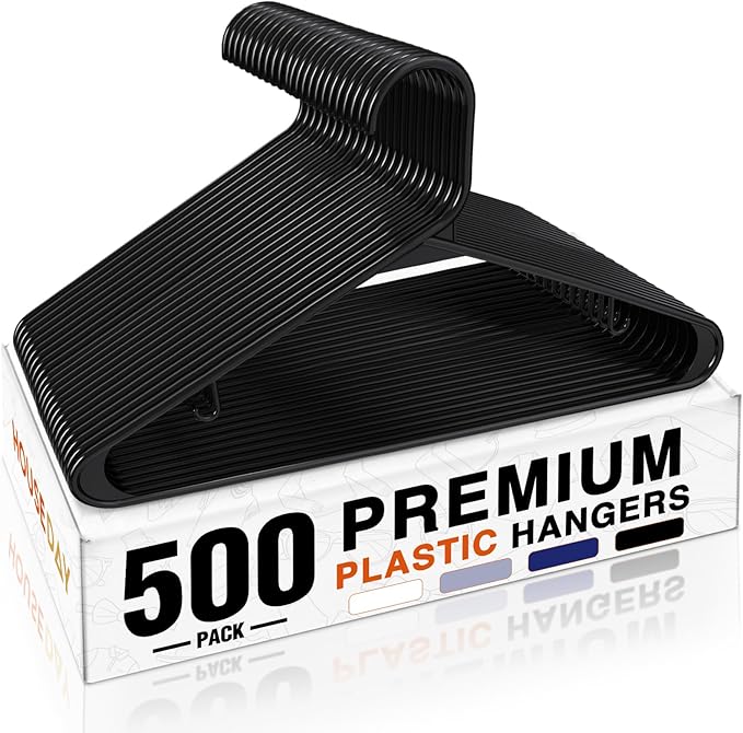 HOUSE DAY 500 Pack Plastic Clothes Hangers, Commercial Bulk Shipment for Business, Sturdy Durable Lightweight Hangers Black Ideal for Retail Dry Cleaners Warehouses, Save Cost & Warehouse Space