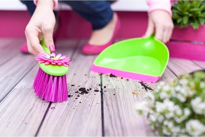 Vigar Flower Power Dust Pan and Brush Handy Set, 12-3/4-Inches, Green, Pink