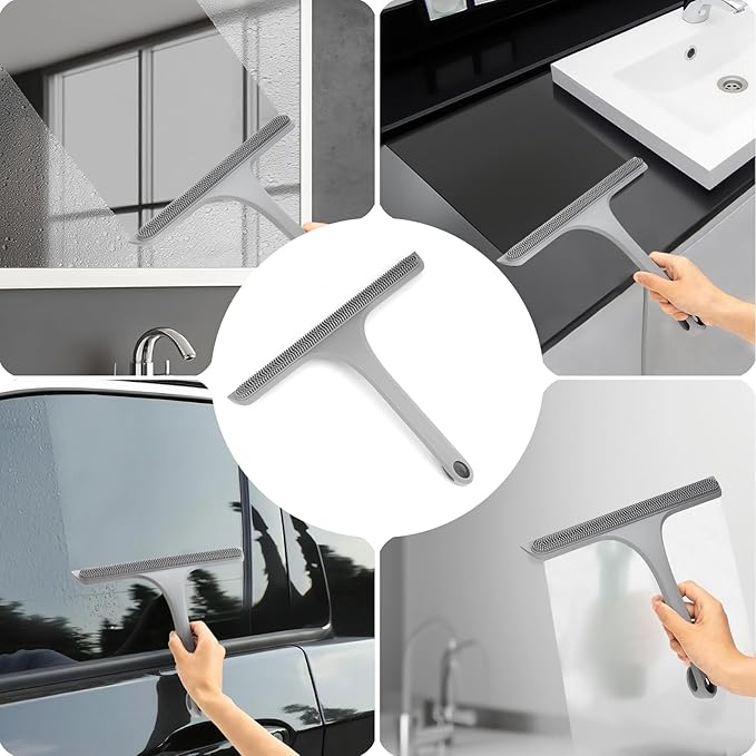 10.7“ Wide All-Purpose Shower Squeegee for Glass Doors, Squeegee for Shower Glass with Hook, Window Squeegee with Double-Ended Gap Brush Set for Shower, Bathroom, Car Glass, Mirror (Gray)