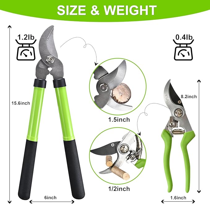 YIAD Garden Pruning Set with Lopper & Shears, 1.5-0.5" Cutting Capacity, Sharp Steel Blade, Ergonomic Handle, for Tree Branch Trimming, Fruit Tree, Shrub, Hedge, Garden Yard Flowers Plants