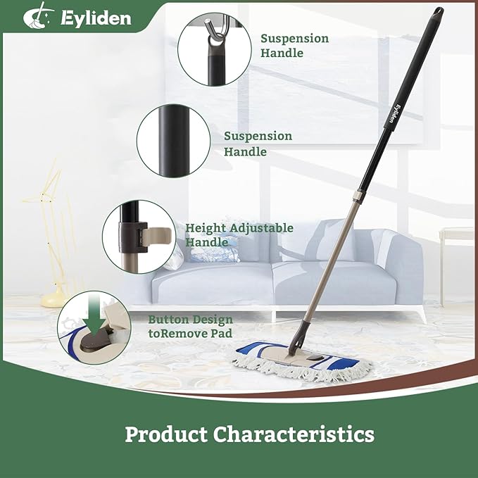 Eyliden Dust Mop with Reusable Washable Pads - One Touch Replacement, Height Adjustable Handle, Total 2 Mop Cloths, Wet Dry Mops for Floor Cleaning, Hardwood, Laminate, Tile Floor Push Dust Broom