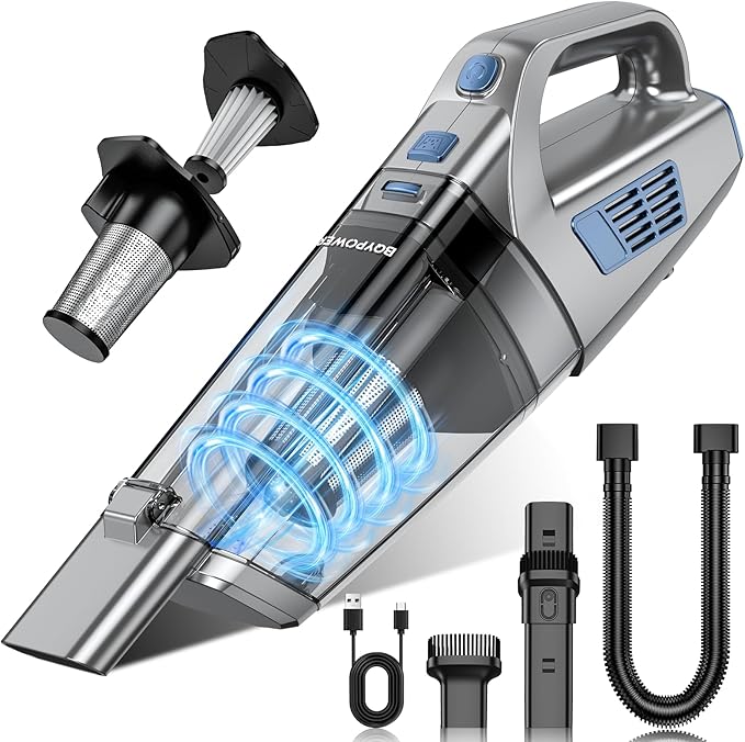 BQYPOWER Handheld Vacuum Cordless, 16000PA Strong Suction Hand Held Vacuum Cordless Rechargeable with Multiple Accessories, Portable Car Vacuum Cleaner High Power for Car Home Office