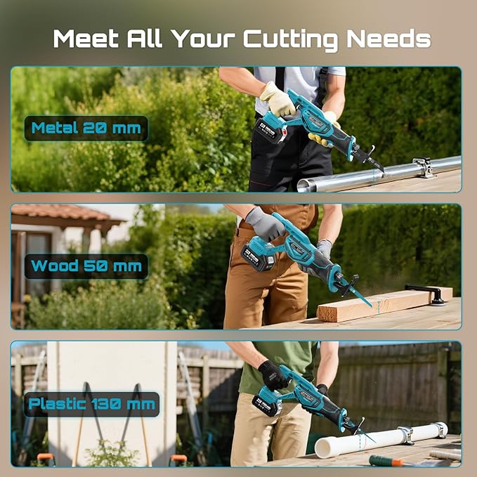 SEESII Reciprocating Saw Cordless, Variable Speed 3500 RPM Brushless Motor with 8 Saw Blades, 2 x 4.0Ah Batteries, LED Light, Tool‑Free Blade Change, Portable for Wood PVC Cutting (Dark Blue)