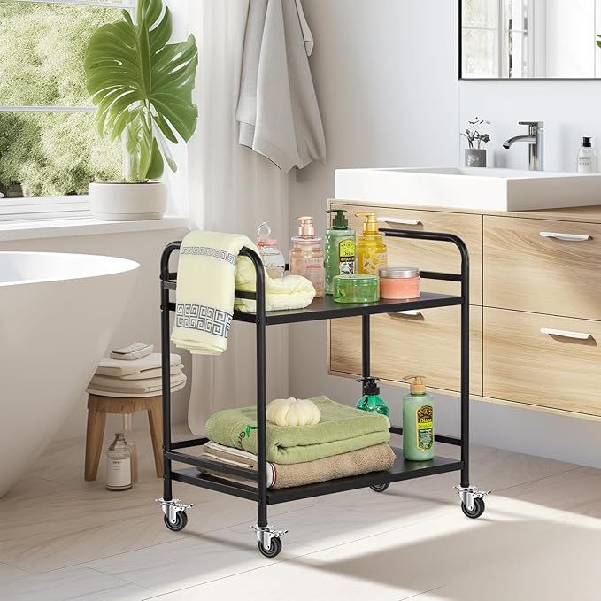 HDANI 2 Tier Under Desk Printer Stand with Storage,Microwave Storage Rack,Metal Rolling Printer Cart with Wheels for Home Office,Utility Storage Cart and Stand,Black
