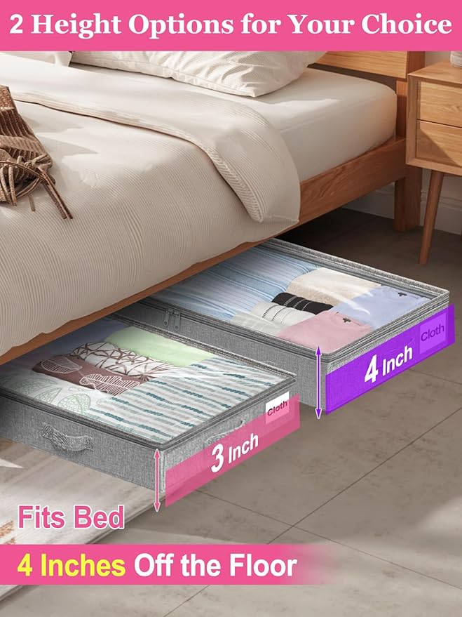 3-Inch High Under Bed Storage Containers, Low Profile Underbed Bins, NO RIGID STRUCTURE, Foldable Clothes Storage Organizer w/Lid & Zipper, Shallow Storage for Low Beds, Couches & Cribs, 2-Pack, Gray