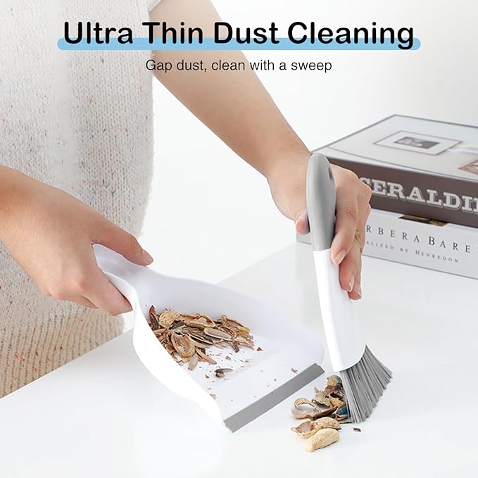 NACENA Mini Dustpan and Brush Set, Small Broom and Dustpan Set Dust Pan and Mini Hand Broom Dustpan and Broom Combo Compact for Home Table Keyboards Sofa Kitchen, White & Gray