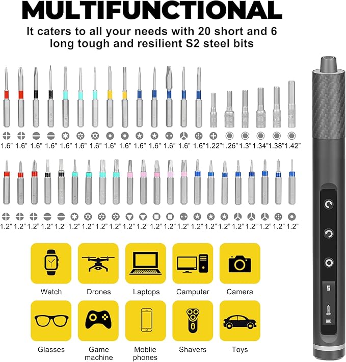 Electric Screwdriver Set, 71-in-1 Cordless Precision Screwdriver with LED Light, 5 Torque Settings (Max 0.6 N·m), 42 Magnetic Bits, Repair Tool Kit for Laptop, Phone (Elec-71 in 1)