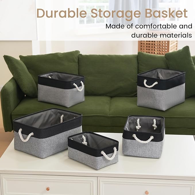 Storage Baskets for Shelves 13.8x9.8x6.7 Inch-Foldable Fabric Organizing Storage Bins with Handles, Closet & Bathroom Organizer, Home Storage for Kitchen, Office (1-Pack, Black&Gray)