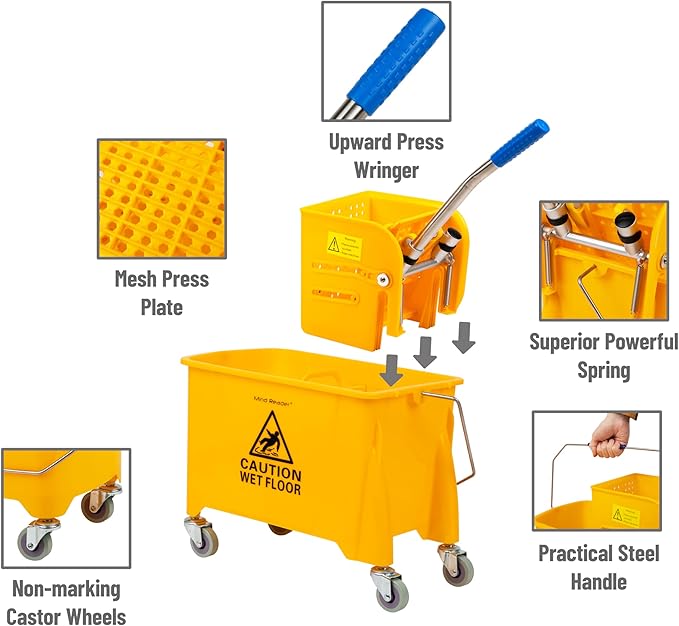 Mind Reader Mop and Bucket Set with Wringer, Mop Included, 5.5 Gallon Cleaning System with Wheels, Upward Press Wringer, Small Mop Compatible