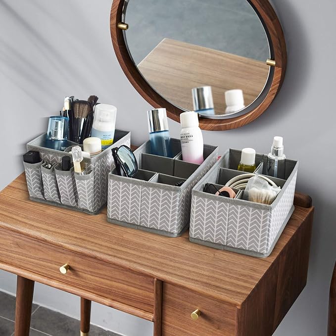 VERONLY Cosmetic Storage Bins Makeup Organizer, Adjustable Multifunction Storage Box Desk Drawer Divider for Makeup Brushes, Bathroom Countertop or Dresser, Set of 3 (Grey)