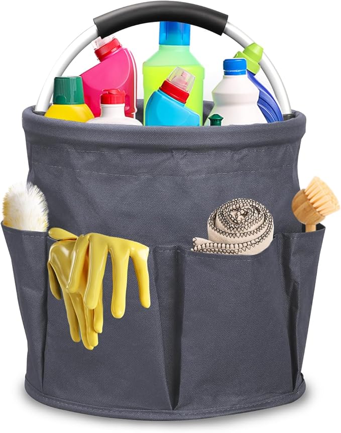 Qivine 17L Cleaning Caddy with Handle, Cleaning Supply Caddy, Foldable Tool Bag Cleaning Products Organizer, Portable Cleaning Bucket Caddy for Cleaning Supplies (Dark Gray)