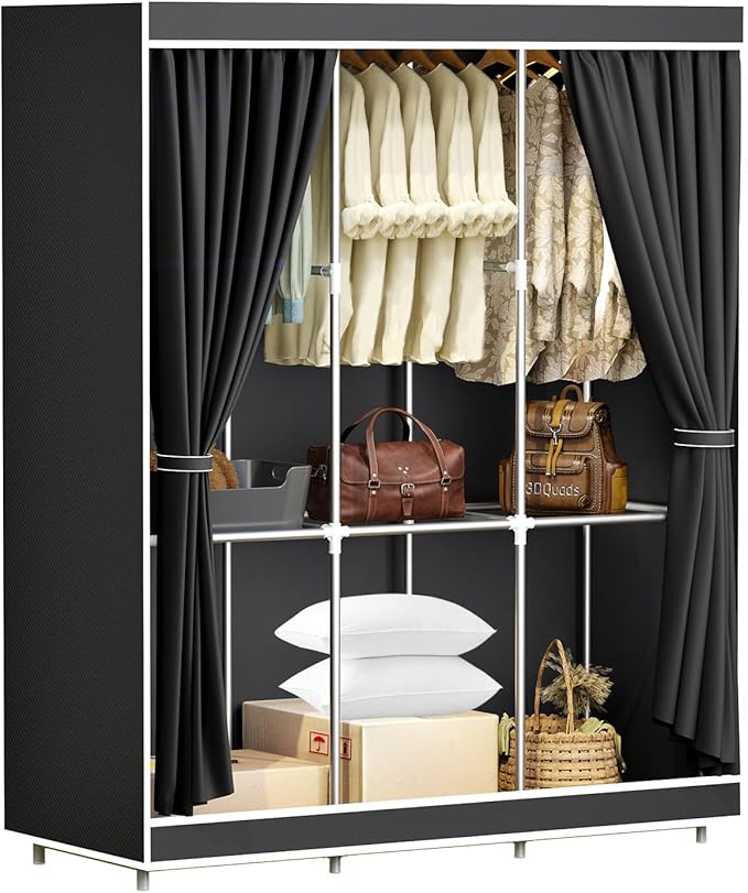 BAOKALER Portable Closet, Portable Closets for Hanging Clothes with 3 Hanging Rods and 6 Storage Shelves, Non-Woven Fabric Cover, Black Wardrobe Closet Easy to Assemble and Strong and Stable