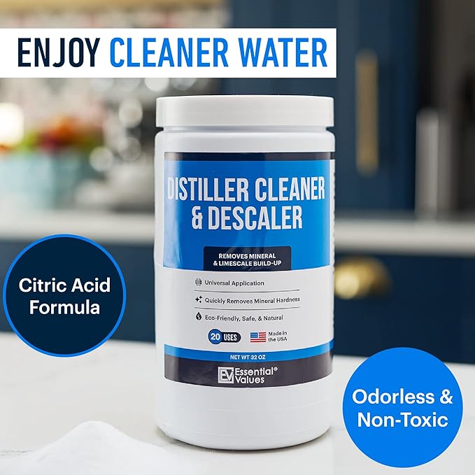 Essential Values Universal Descaler - Espresso Descaling Solution - Coffee Machine Cleaner - Critic Acid Tea Kettle Urn Water Distiller Cleaner - Manufactured in USA - 8 Pack