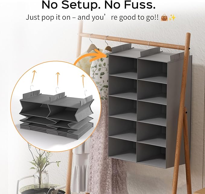ALLTIDYUP Grey 5-Tier Hanging Closet Storage Organizer - Space-Saving Dual-Row Foldable Shelves with 3 Hooks, Wardrobe Organizer for Dorm, Bedroom, Clothes and Accessories