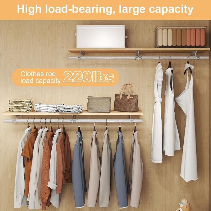 Wall Mounted Clothes Rack - Solid Wood Closet Storage System with Removable Shelves & Hanging Rods, 47.2in Space Saving Organizer for Bedroom, Walk-in Closet (1 Pack)